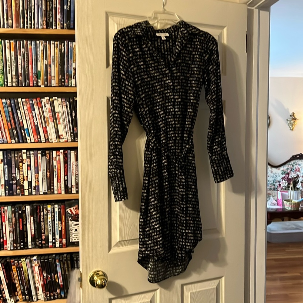 NWOT Prologue Black Square Print Wrap Dress, Size Large in EUC